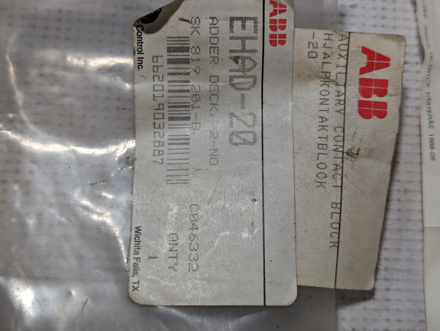 ABB ASEA SK819001-B EHAD-20 Auxiliary Contact Block, 0.5Amp, 500vac - Free Ship