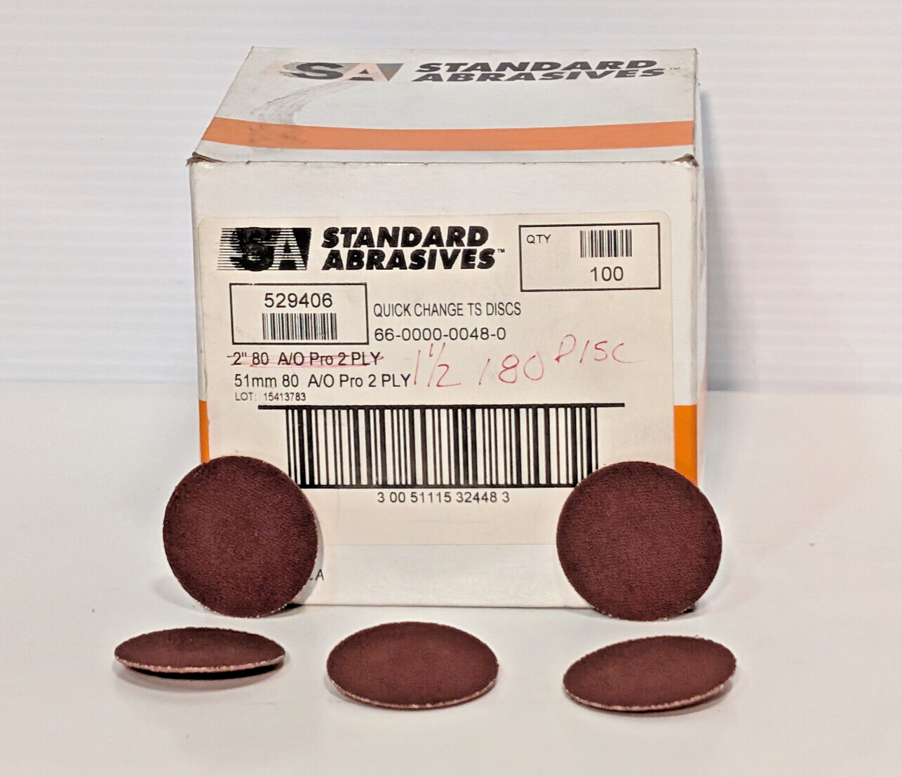 Standard Abrasives 1-1/2", 1.5", Quick Change Discs, 180 Grit, 100 Count Box