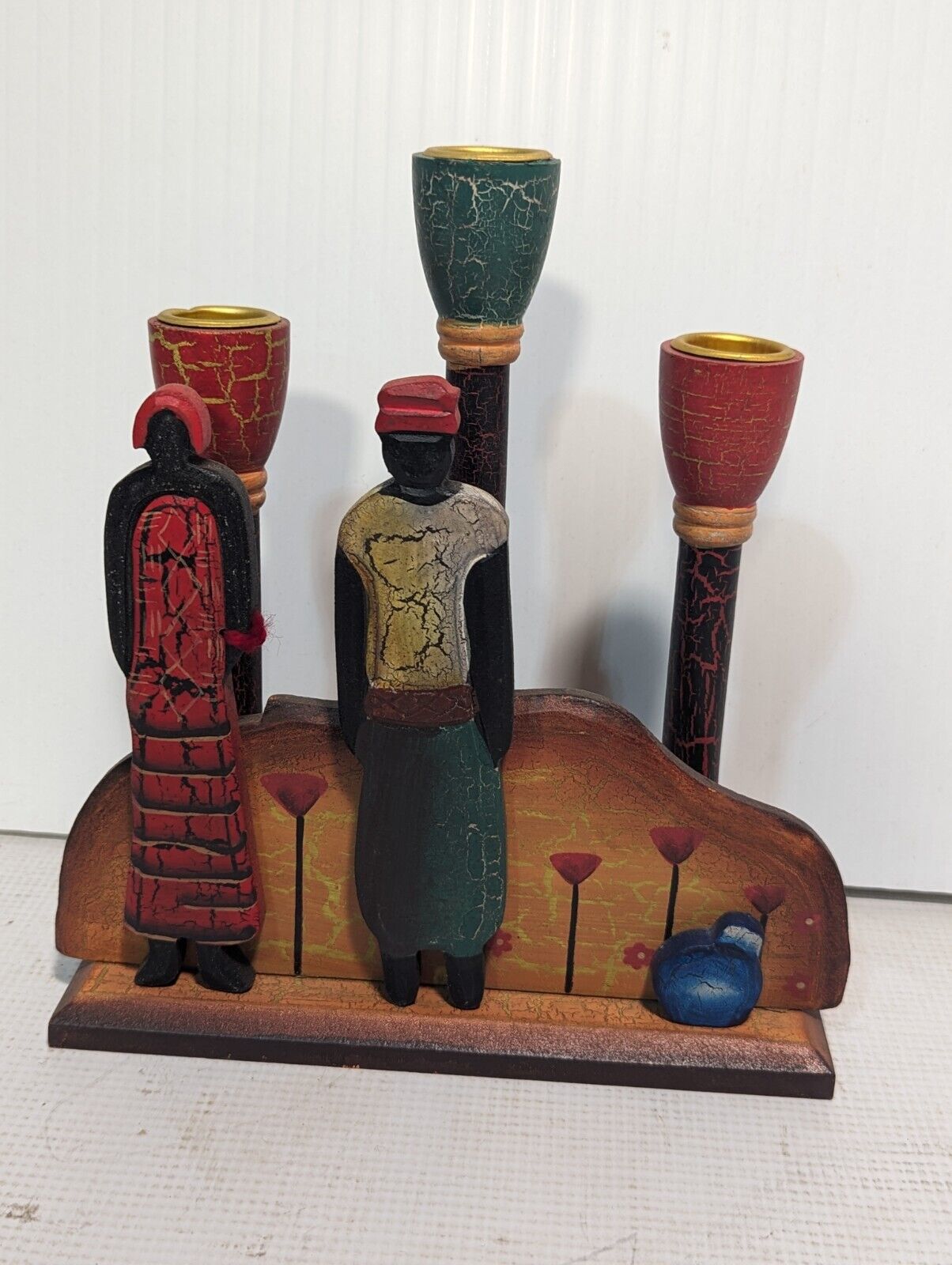 African Wooden Candle Holder Three Candle Sticks - Free Shipping