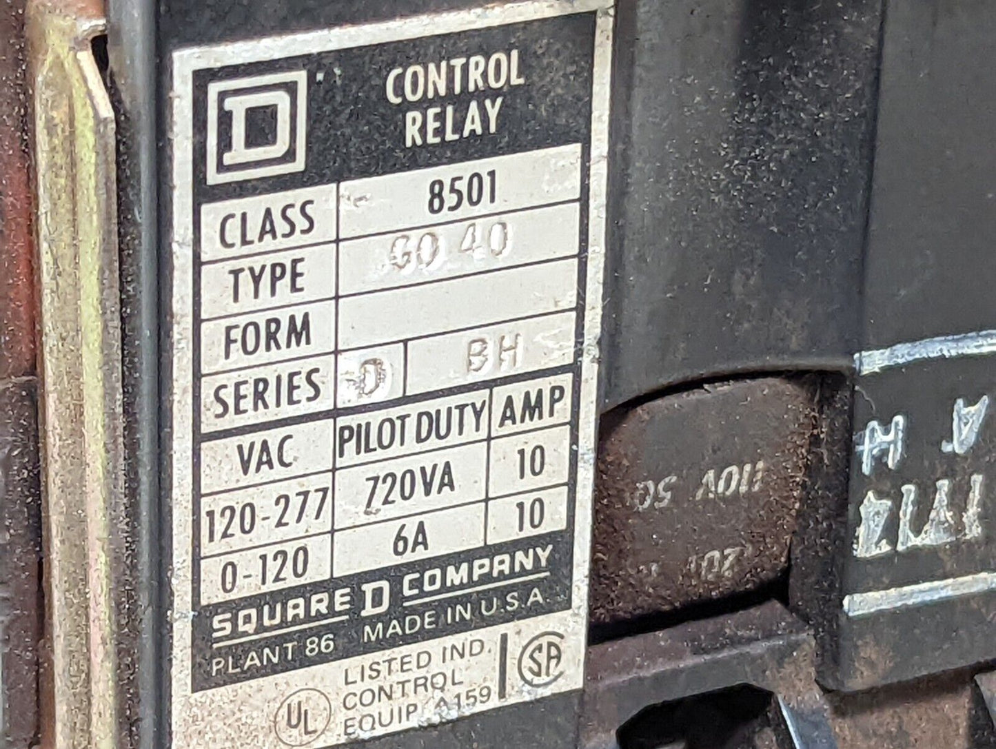 Square D 8501GO40 control relay, 110/120VAC coil, 8501G040