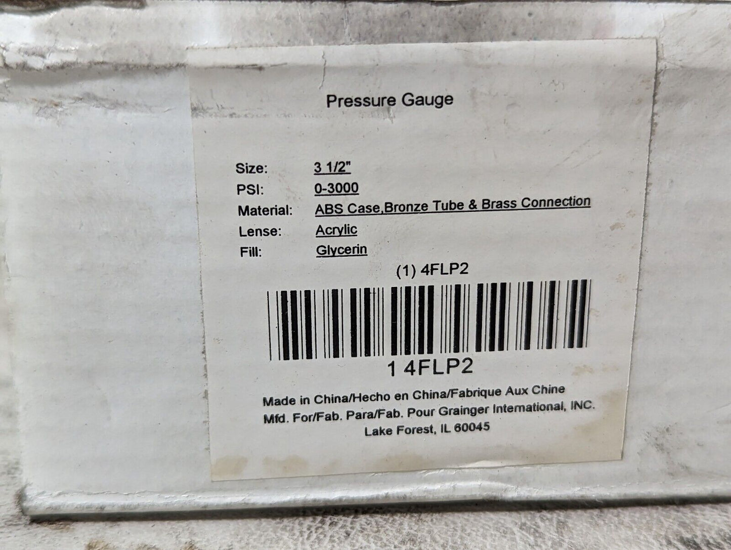 4FLP2 pressure gauge, 3.5 in, 0-3000PSI, ABS case, bronze tube, brass connection