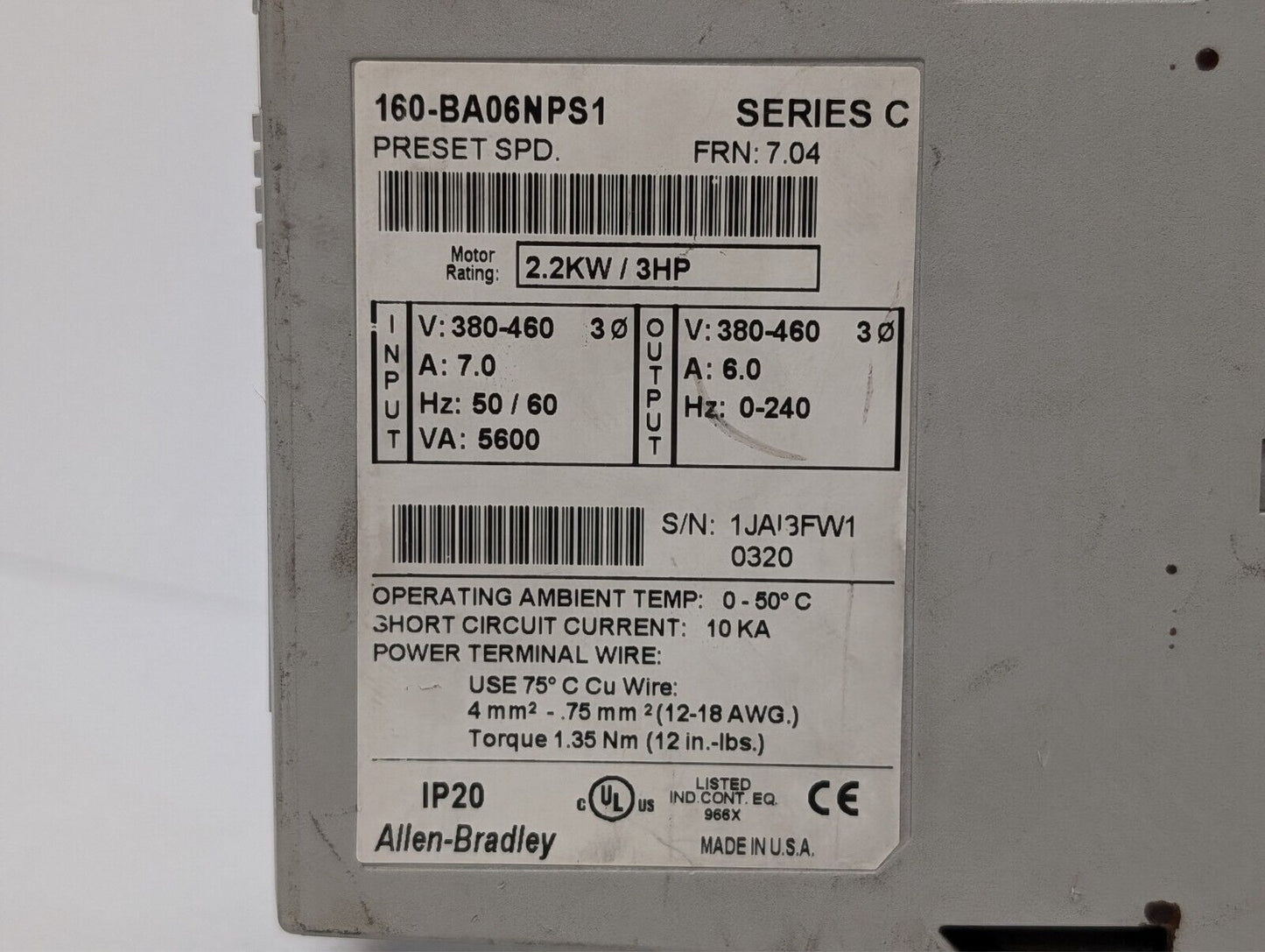 Allen Bradley 160-BA06NPS1P1 VFD 3 HP 2.2 kW Ser C FRN 7.05 160BA06NPS1P1