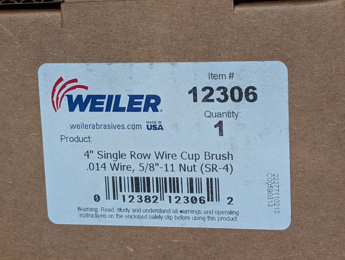 Weiler 12306 Single Row Wire Cup Brush, 4", .014 Wire, 5/8"-11 Nut, 10,200 RPM