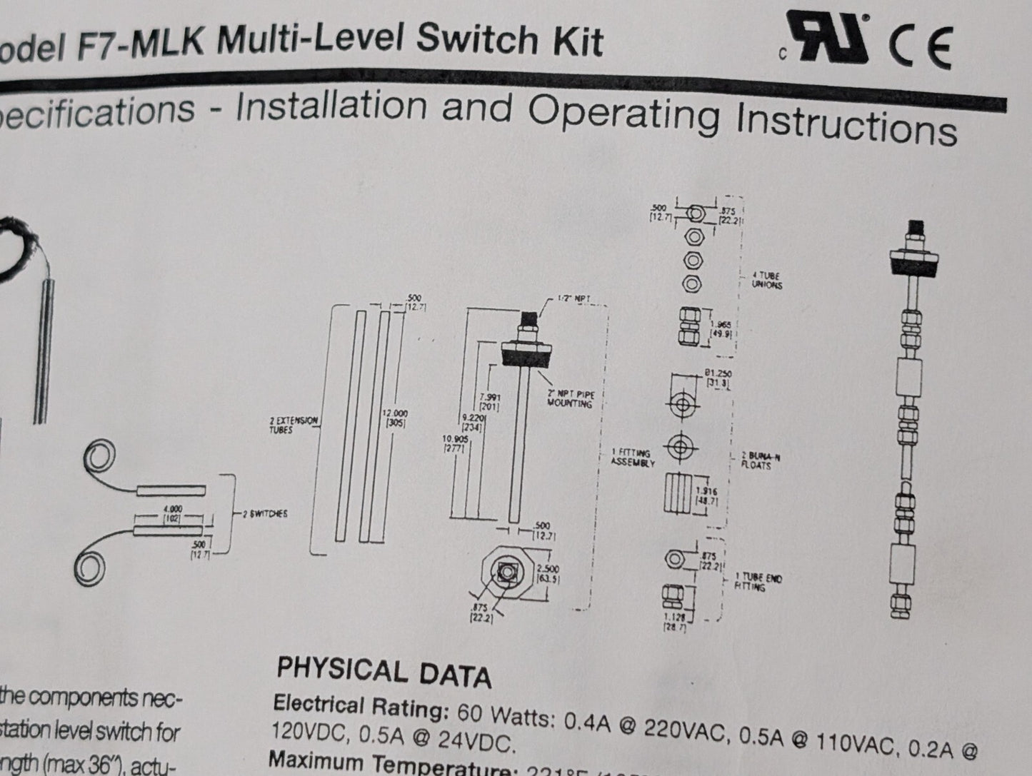 WE Anderson (Dwyer) Model F7-MLK Multi-Level Switch Kit, Vertically Mount