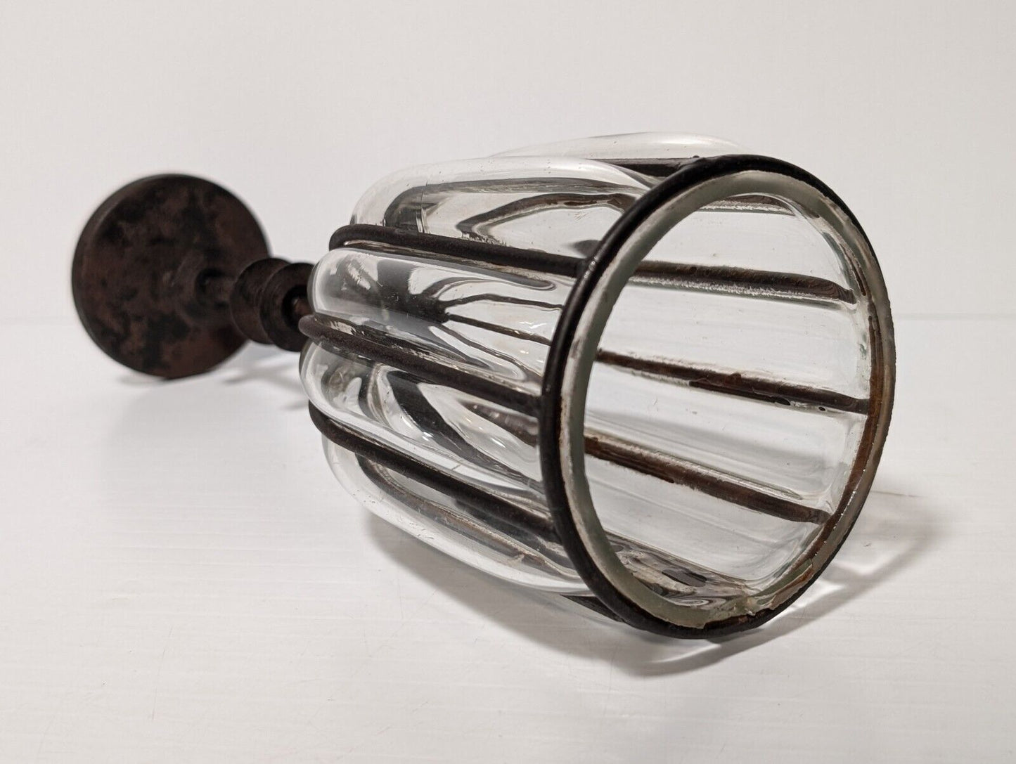 Vintage Cast Iron Candle Holder Blown Glass Cup, 12" Tall, 4" Diameter