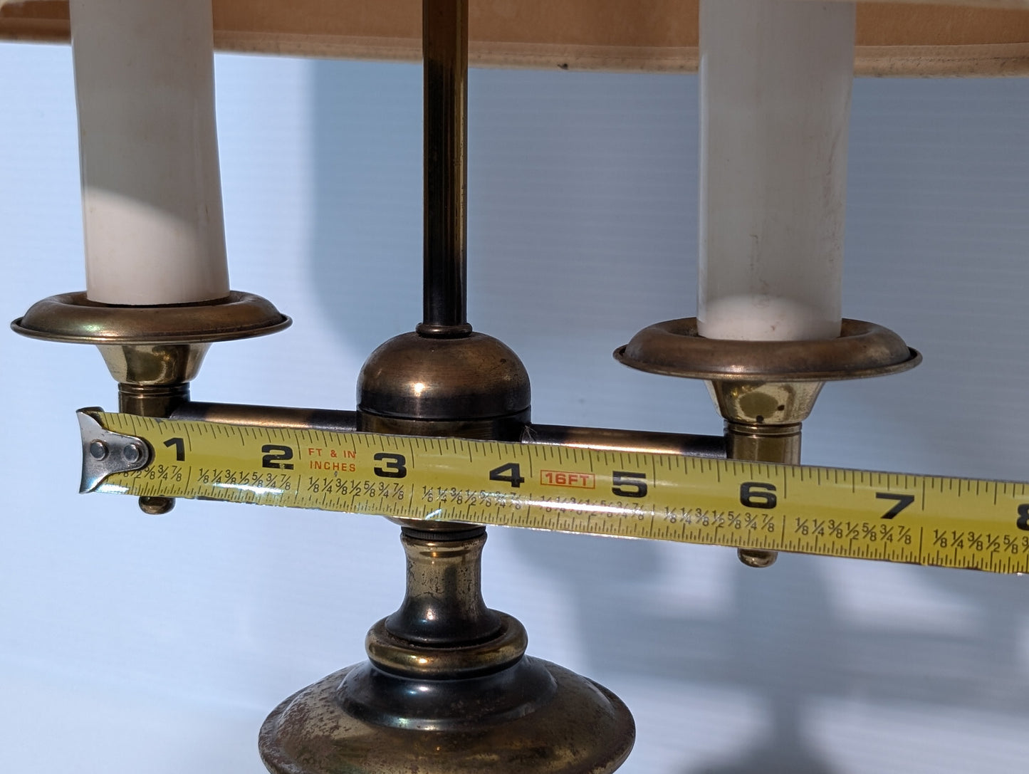 Vintage 1970s Brassy Double Candlestick Table Desk Lamp, Linen Shade, 6" Base