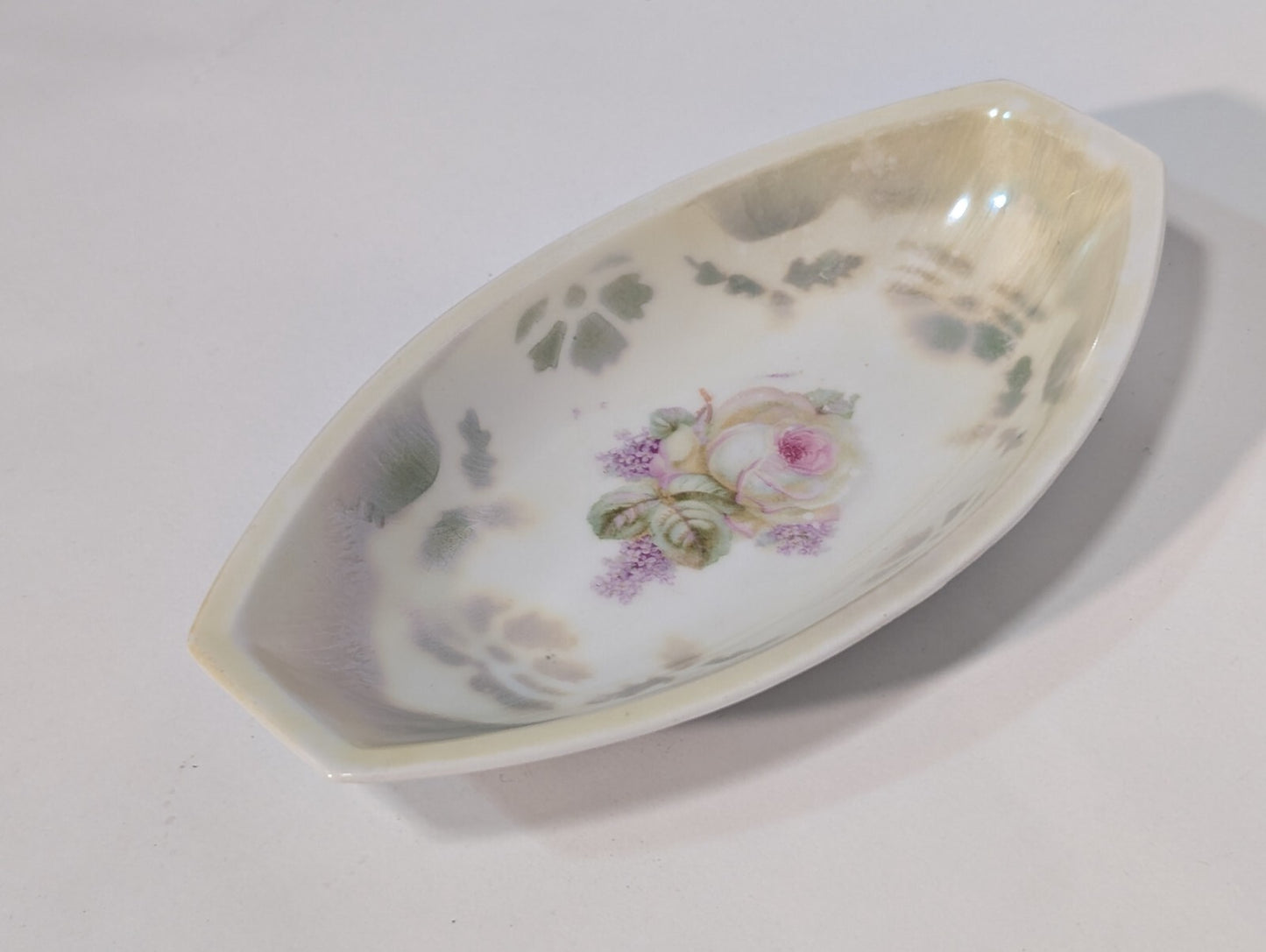 Vintage Three Crowns Germany Floral Porcelain Oval Dish China Luster Ware