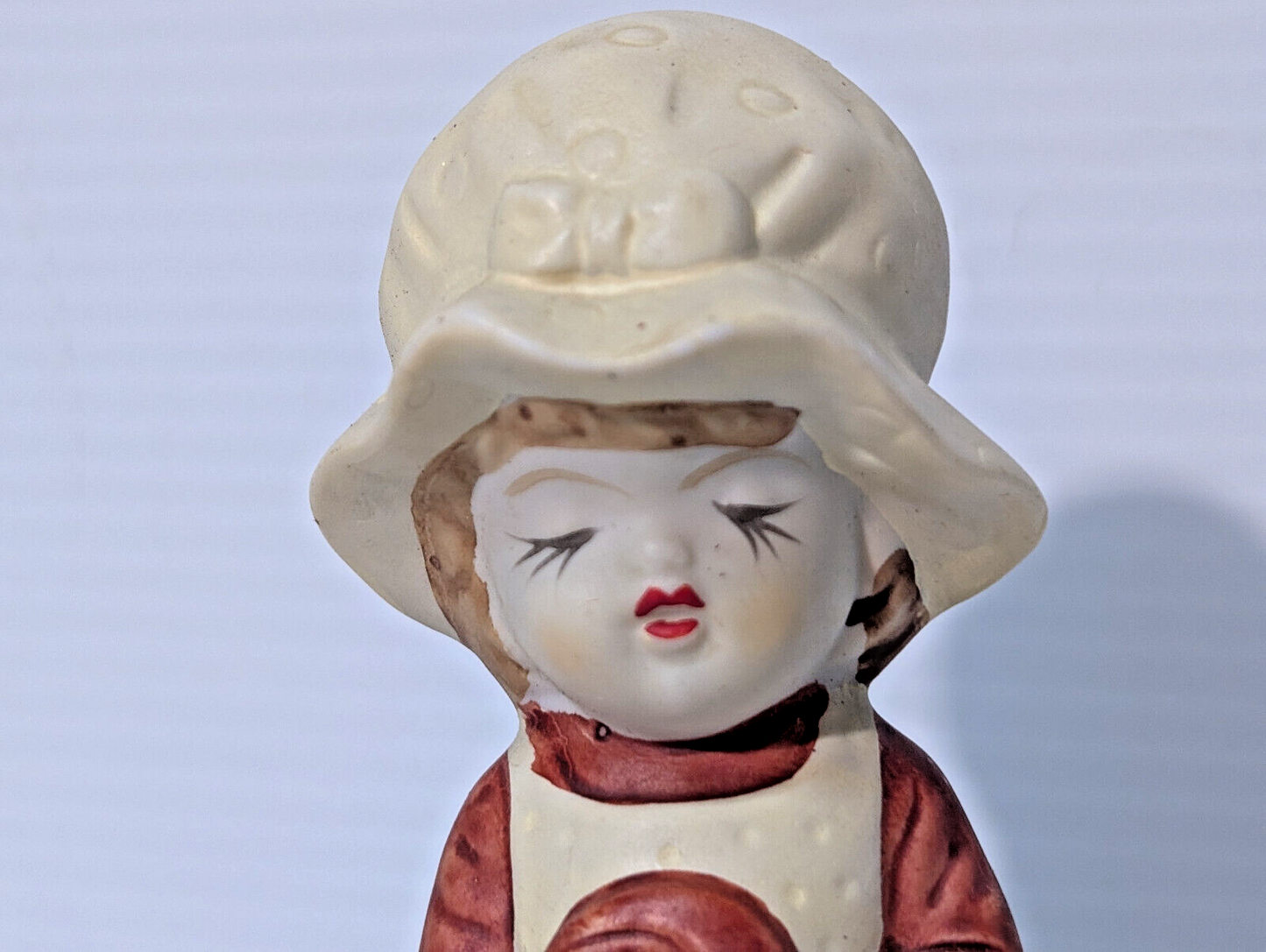 Vintage Ceramic Figurine Girl, Teddy Bear, Chores, Bonnet, Holly Hobbie, 1970s