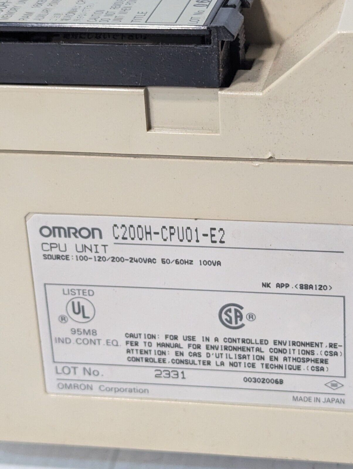 Sysmac Omron C200H-CPU01-E2 CPU Unit Programmable Controller - Free Shipping