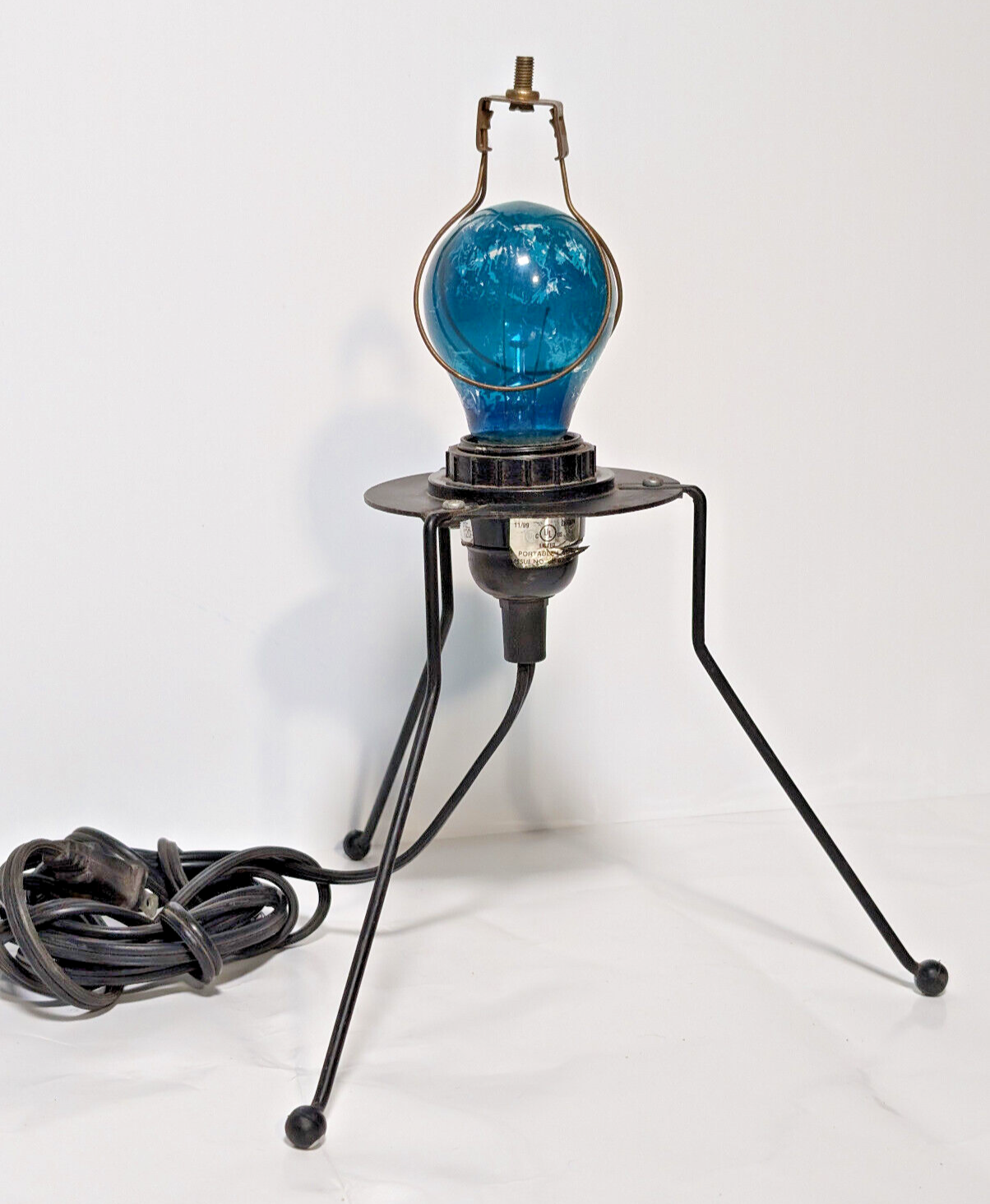 Vintage 1980s blue bulb, black metal, stilt lamp, minimalist, post-modern, pop