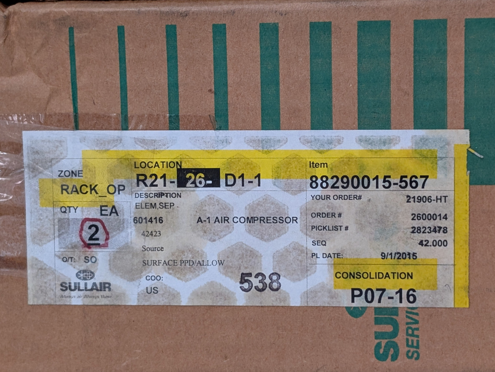 Sullair Parts 88290015-567 AOS Filter, Air/Oil Separator Element, Made in USA