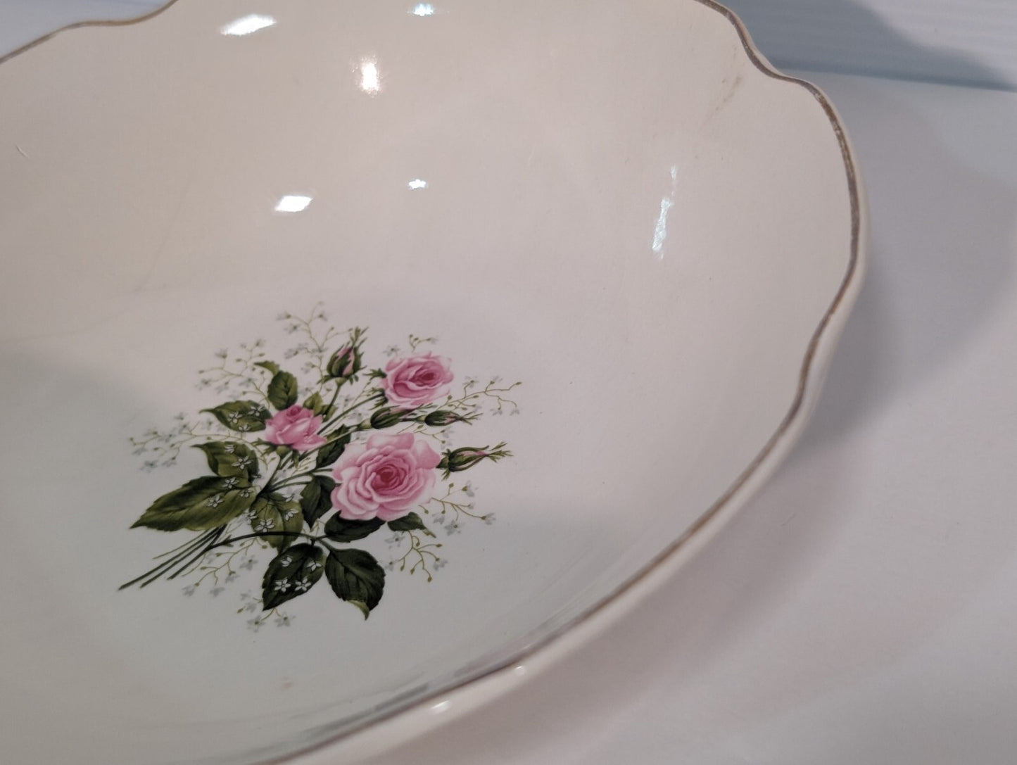 Vintage Sabin Cathy Rose Serving Bowl Pink Rose Floral Bouquet Gold Trim 8 1/2"