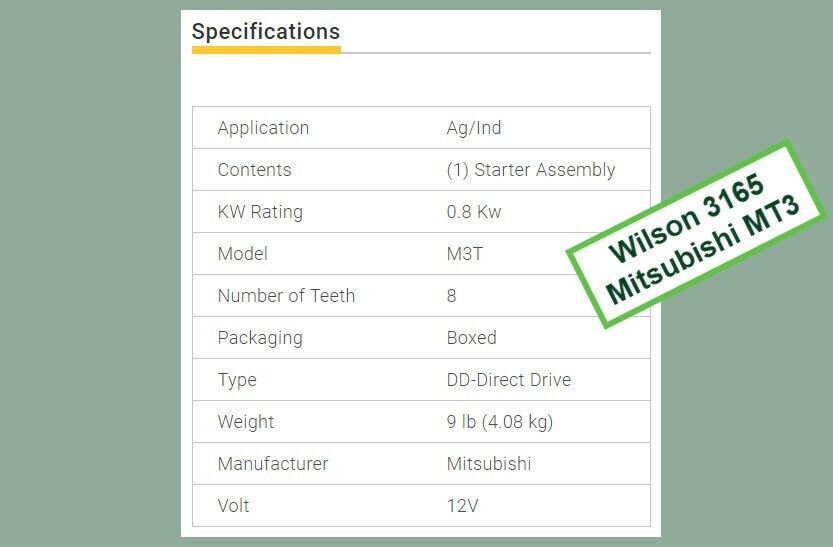 Wilson 3165 Starter Motor, Mitsubishi MT3, 8 Teeth, 12V, 0.8Kw, 2314322