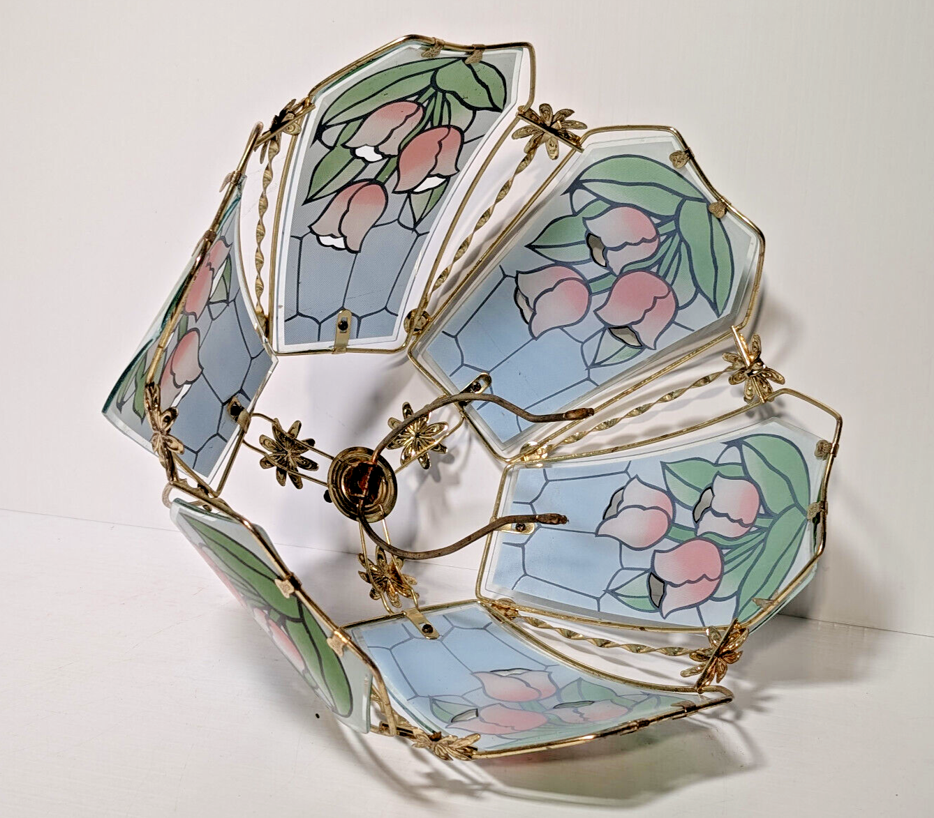 Vintage 80's Tiffany Style Tulip Glass, Brass Lamp Shade Sky Blue, Pink, Green