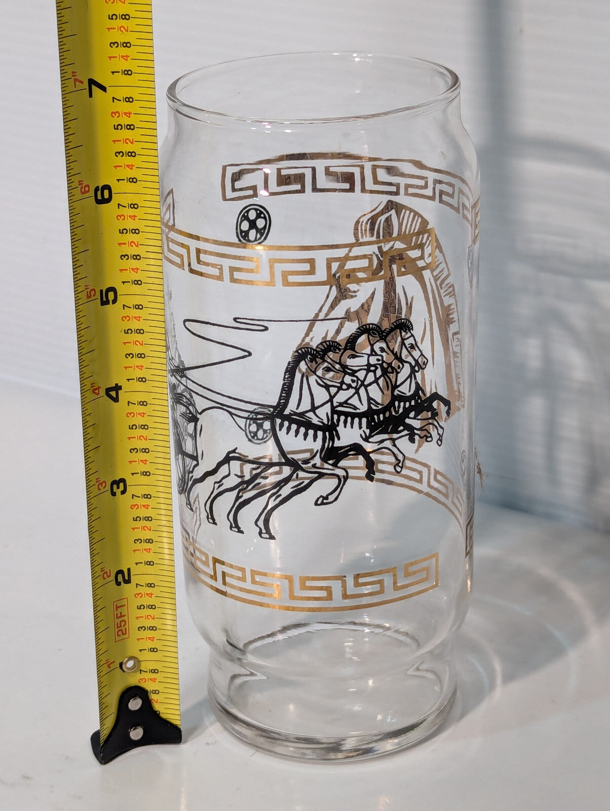 Vintage MCM Roman Greek Horse Chariot Gold Metallic Drinking Glass, Tumbler