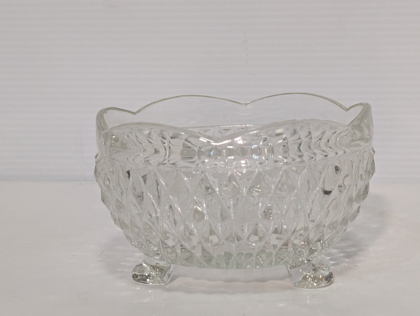 Vintage Indiana Glass Clear Diamond Point 3 Toed Candy Dish 5” x 3”