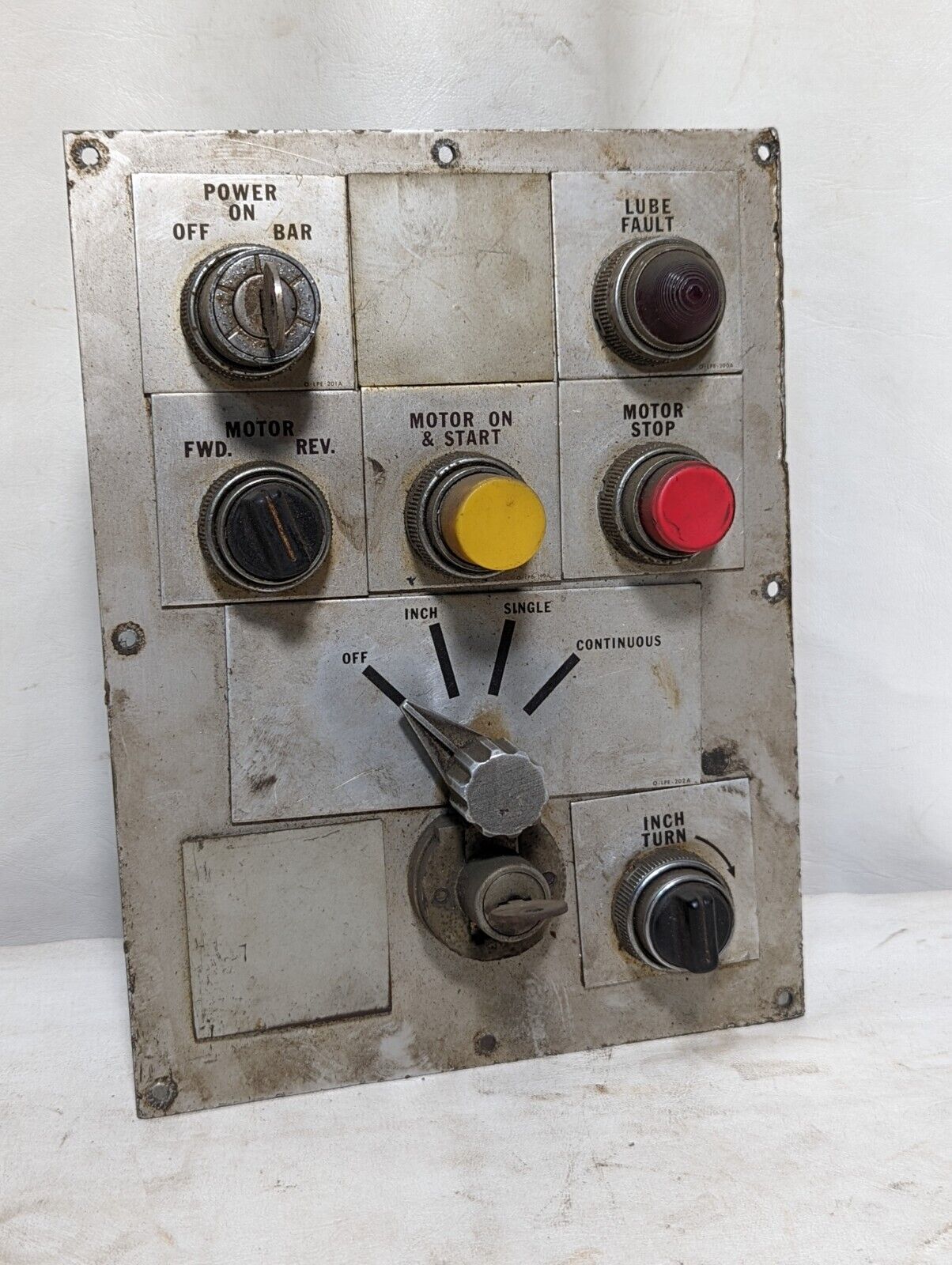 Motor control panel with pushbutton, rotary switches, indicator lights, keyed