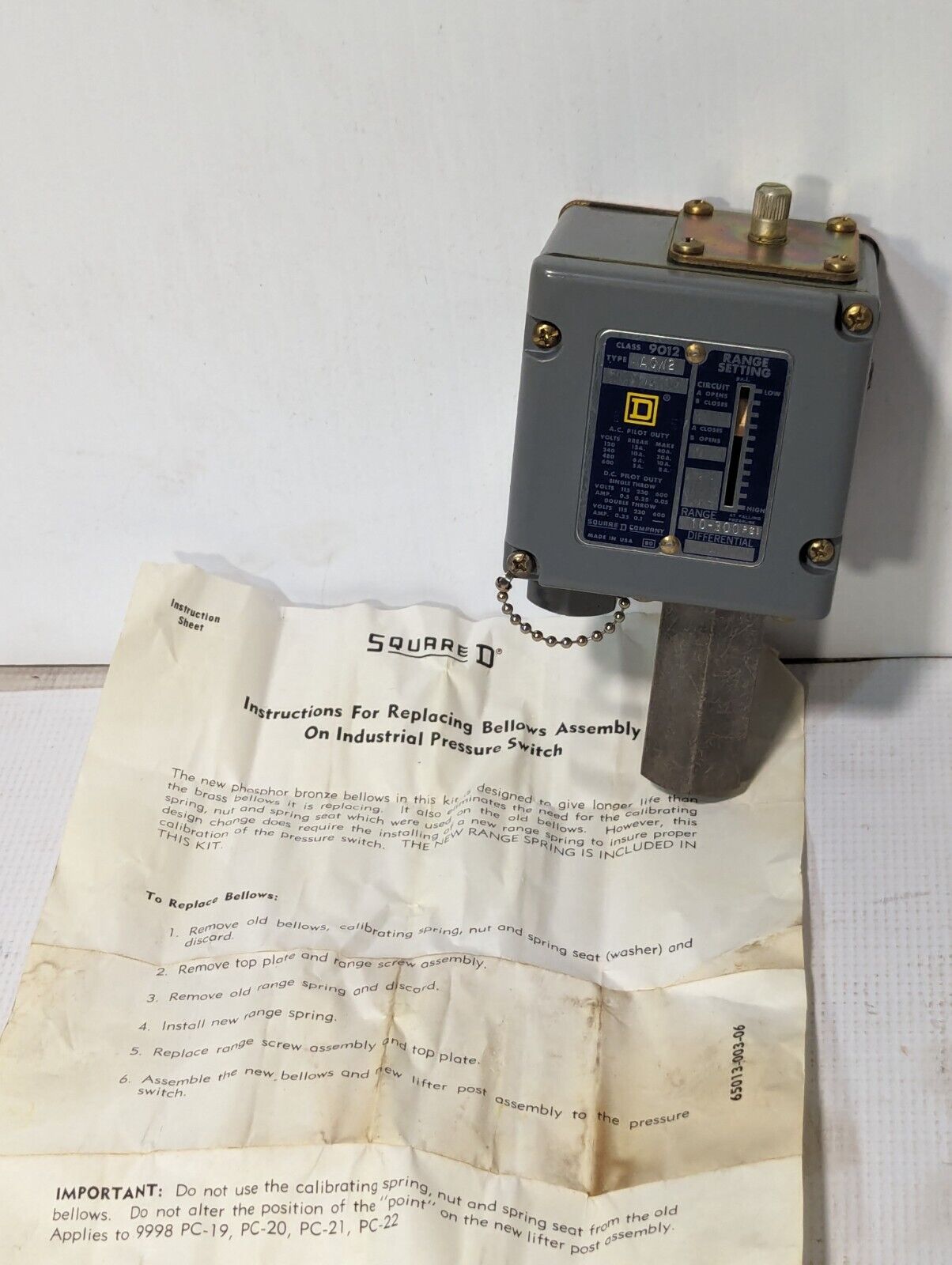 Square D 9012-AC12 Pressure Switch - Free Shipping