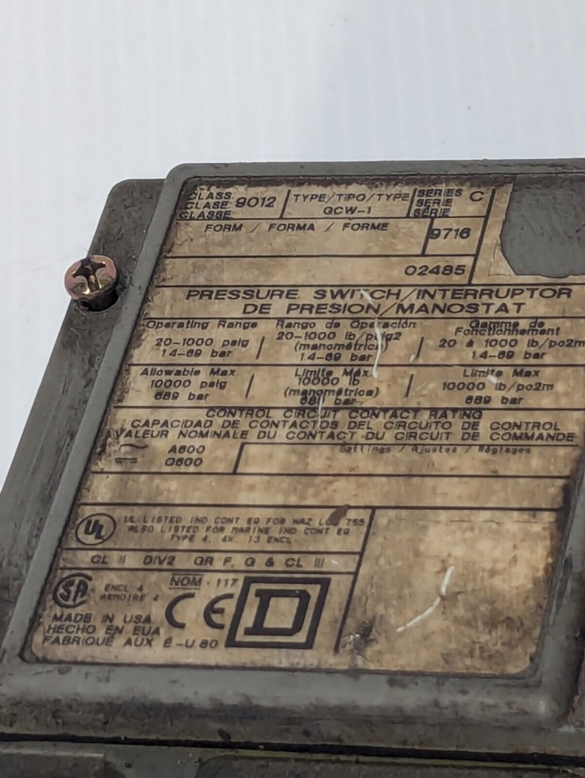 Square D 9012GCW-1 Pressure Switch / Interruptor,  20-1000psi, Ser. C -Free Ship