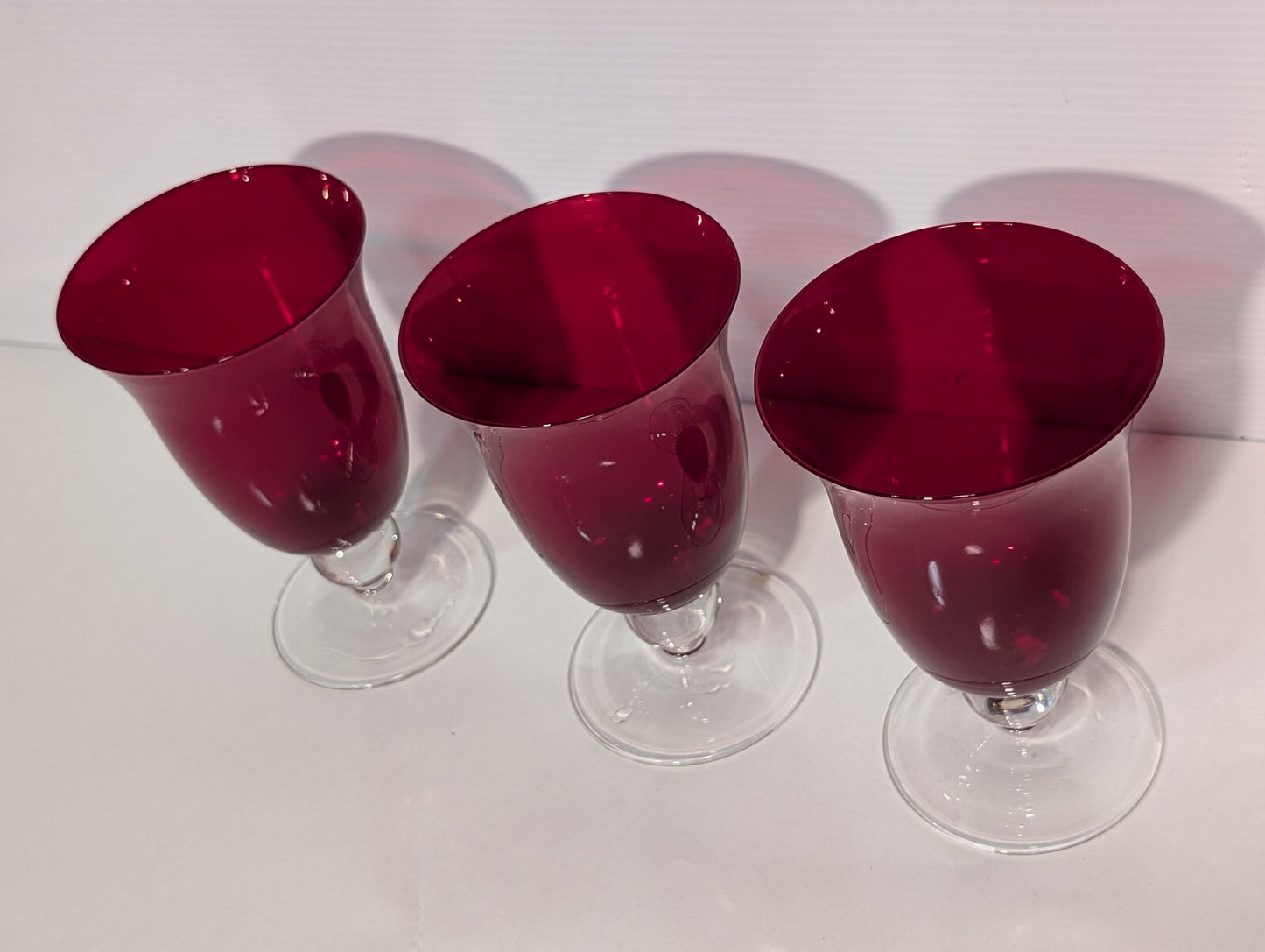 3 Vintage Ruby Red Goblets Fluted Clear Stem Tumblers Holiday Retro Celebration