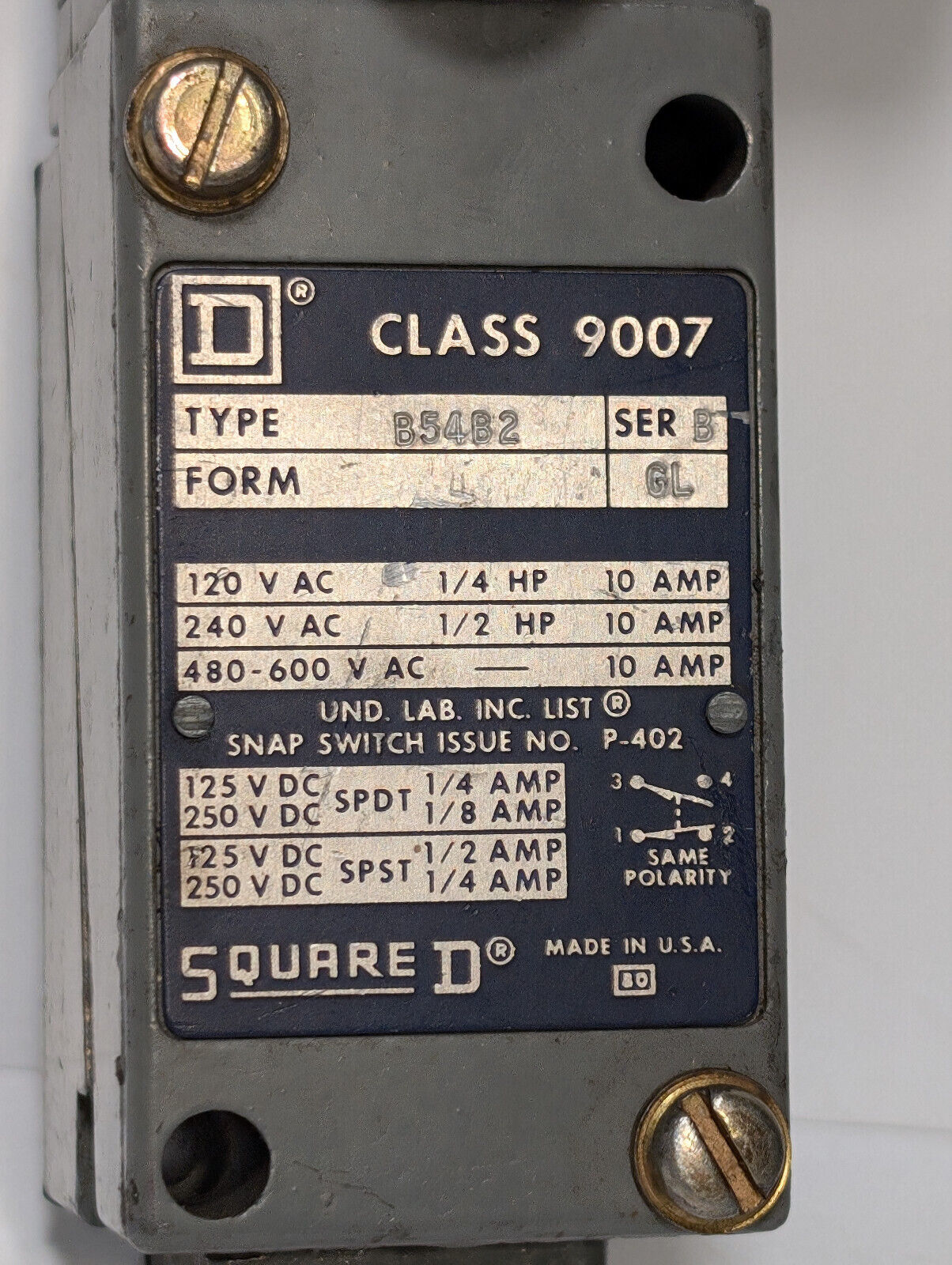 Square D B54B2 Ser 5, Class 9007, Form GL, Heavy Duty Limit Switch, 10 Amp