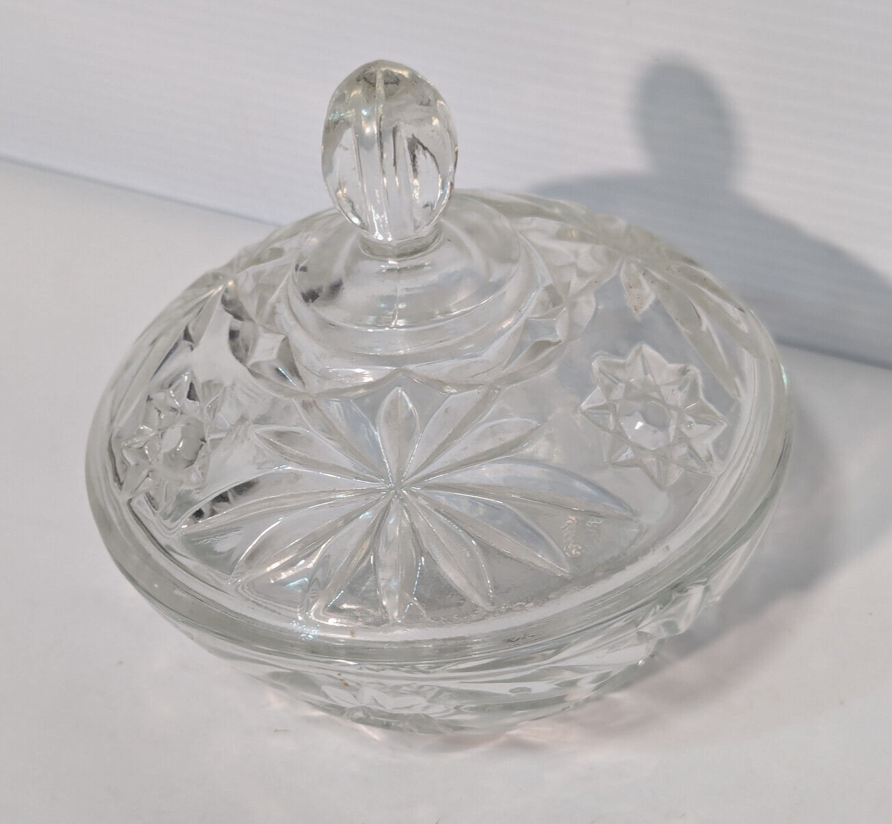 Vintage Antique Crystal Clear Glass Candy Dish, Snack Jar, Lid, Starburst Design