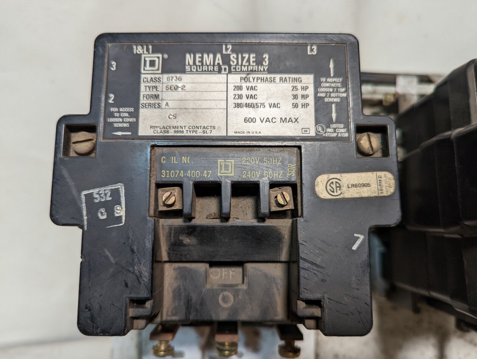 Square D 8736SE0-2, ser. A, NEMA sz 3, 220/240VAC, 30HP