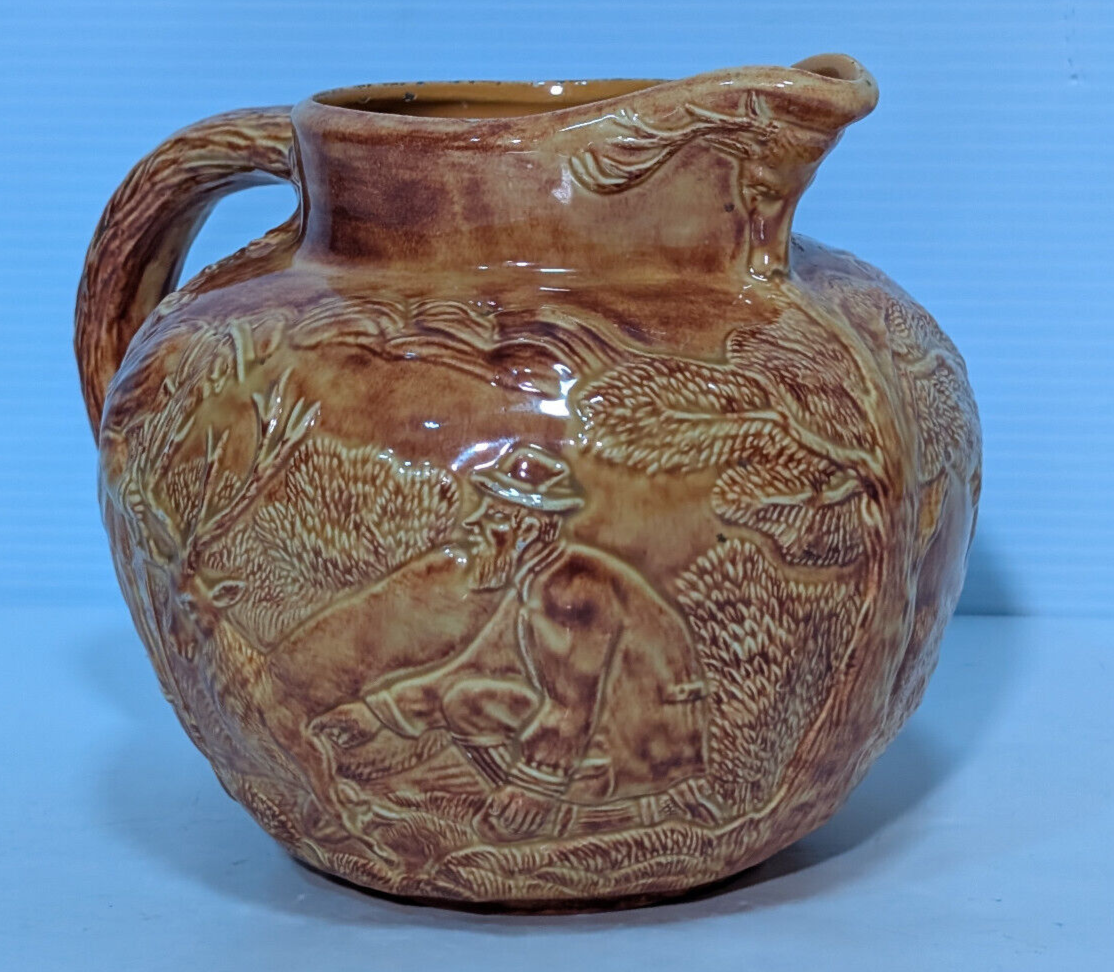 Vintage Brown Glazed Pottery Pitcher Elk, Deer, Buck, Hunters, Forest Wood Scene