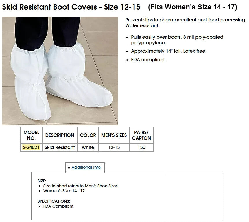 1 Box (Qty 150) Uline S-24021 Skid Resistant Boot Covers, Fit Size 12-15 Boots
