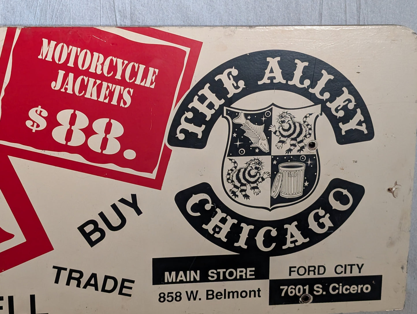 Vintage The Alley Chicago Memorabilia Bus Stop Bench Sign Cop Moto Punk Goth Ad