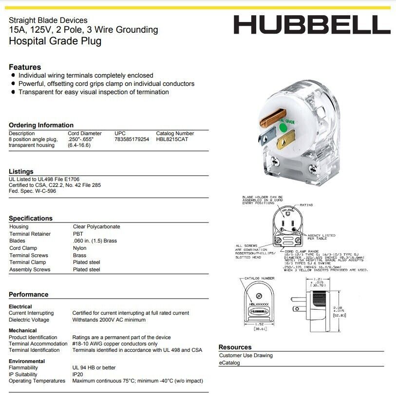 Hubbell HBL8215CAT 15A, 125V, 2 Pole, 3 Wire Grounding Straight Blade Plug\Cord