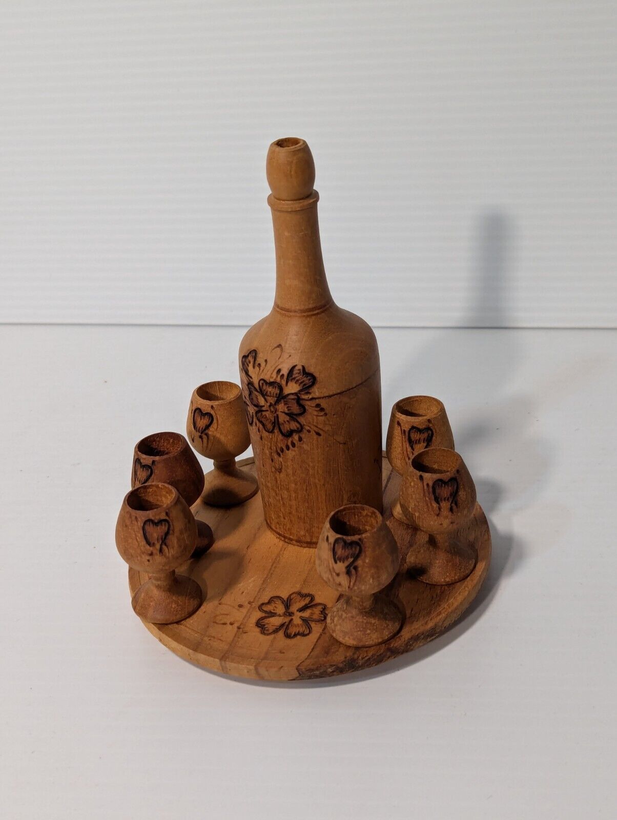 Vintage Burnt Wooden Pyrography Folk Art Decanter w\ Small Platter and 6 Goblets