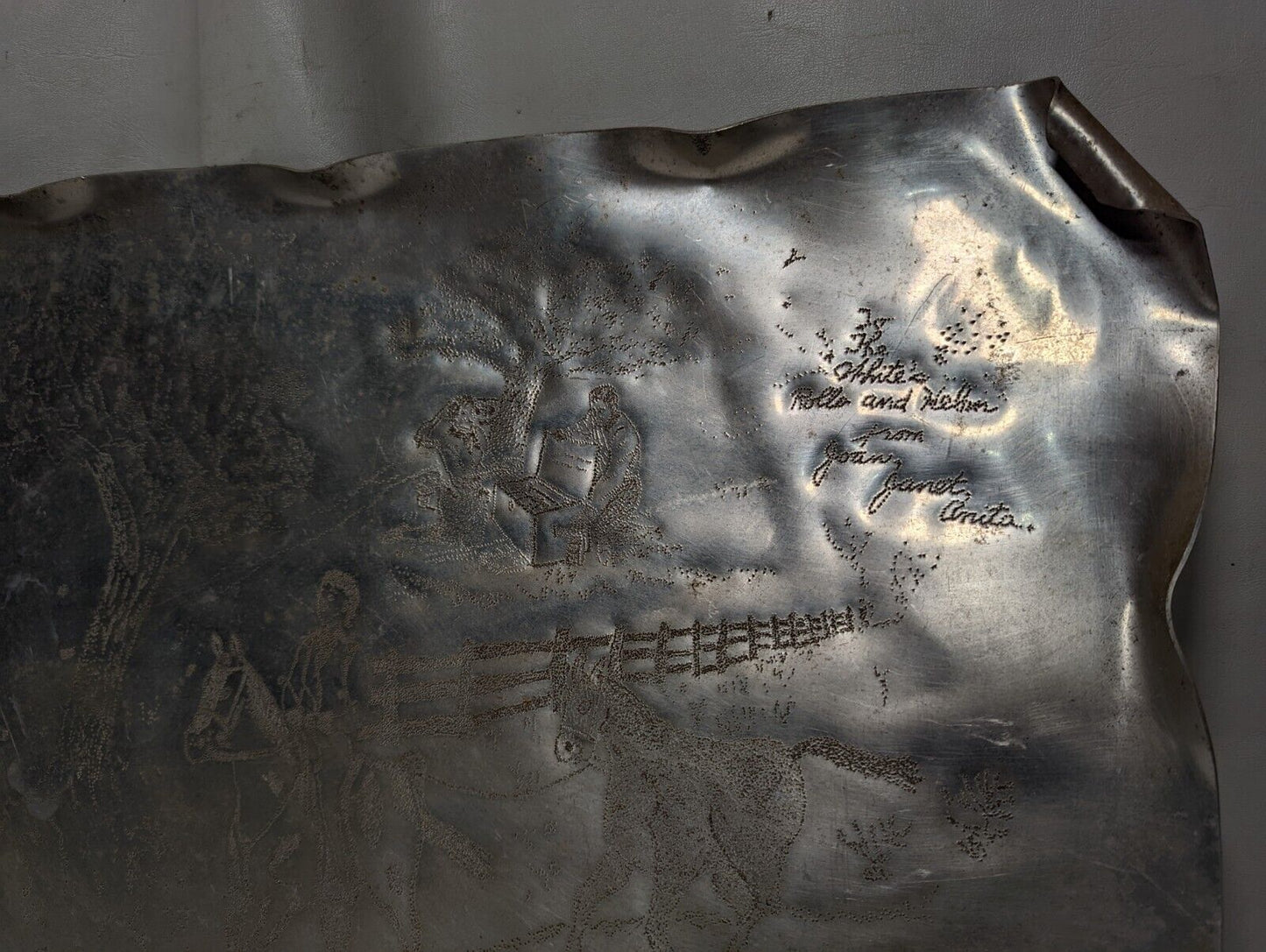 Handmade punched aluminum serving tray from 1951, horseback riding