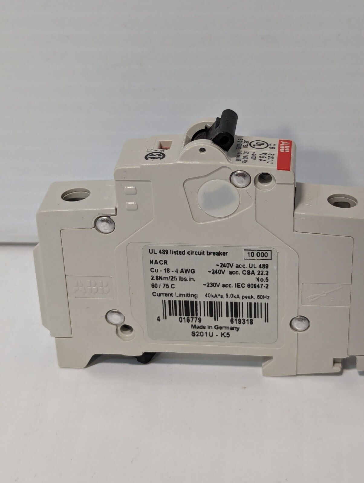 ABB S201UK5A Circuit Breaker, 5A, 240VAC, 50/60Hz, 1 Pole Unit - Free Shipping