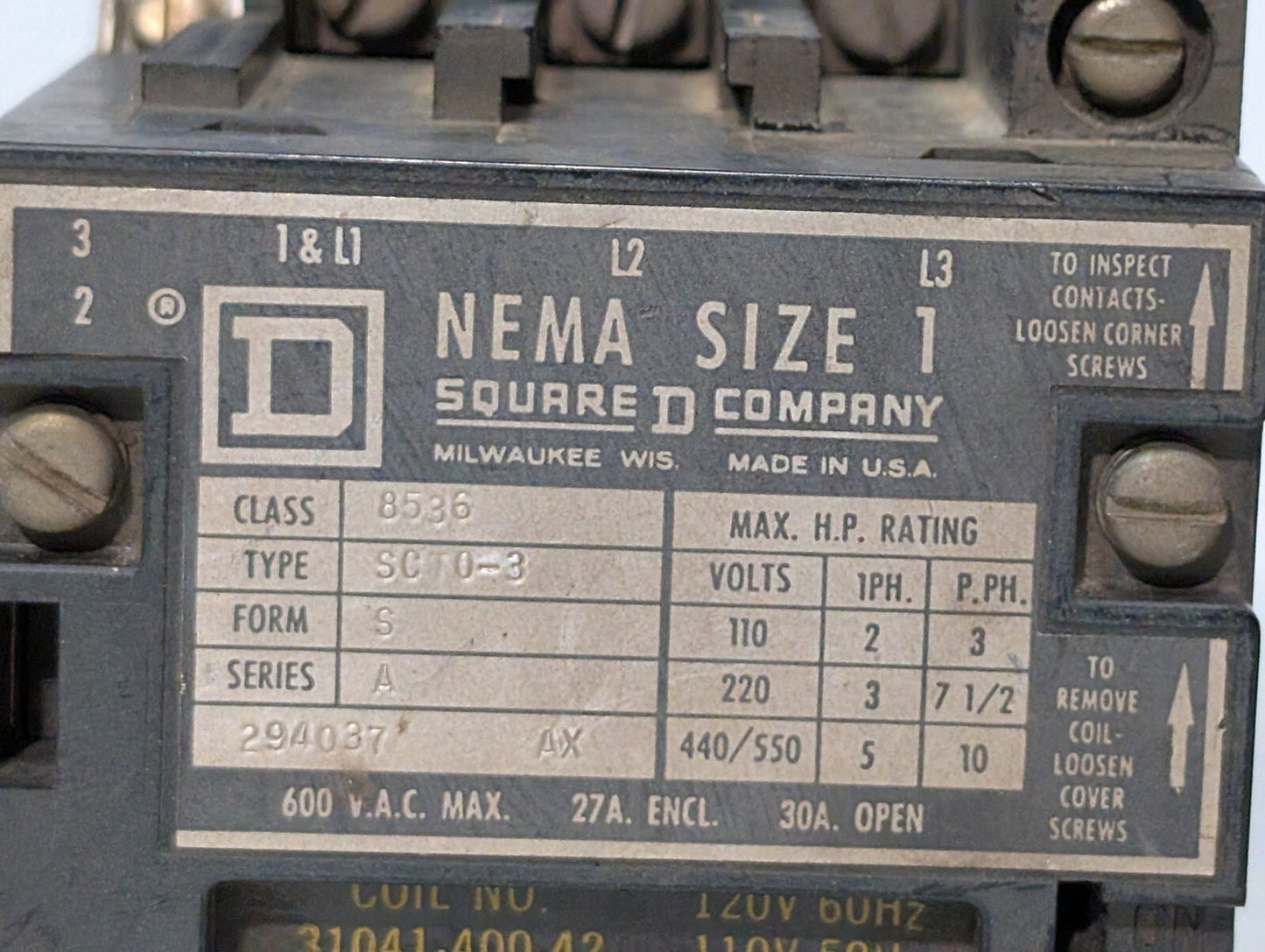 Square D 8536 SCT0-3 Motor Starter, NEMA Size 1, Series A, Form S, 110\120V Coil