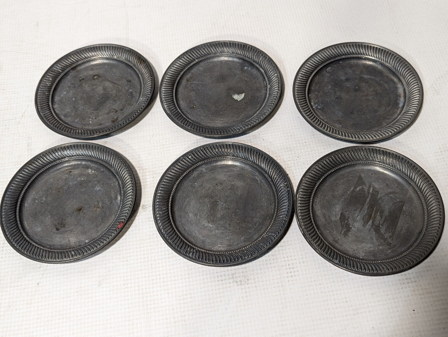 Set of 6 Antique Small Metal Plates, Saucers, Coasters, 4.5in