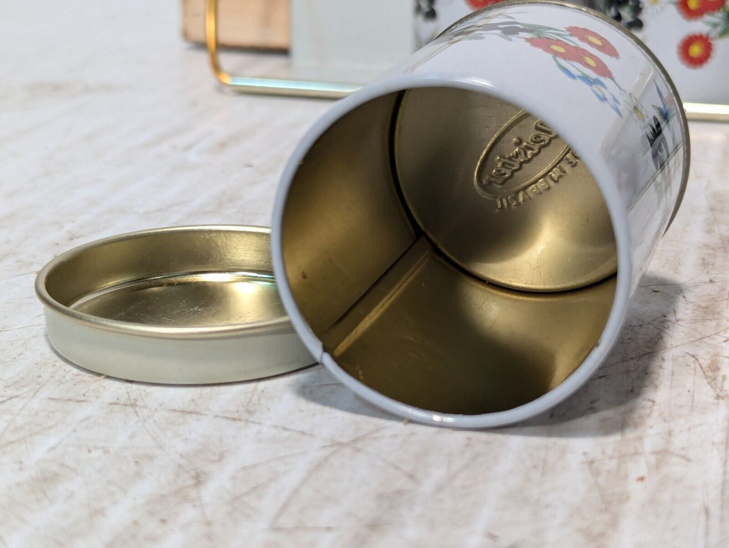 Vtg Meister 5 Tin Spice Canister Set with Rack Wild Flowers & Birds-Free Shippin
