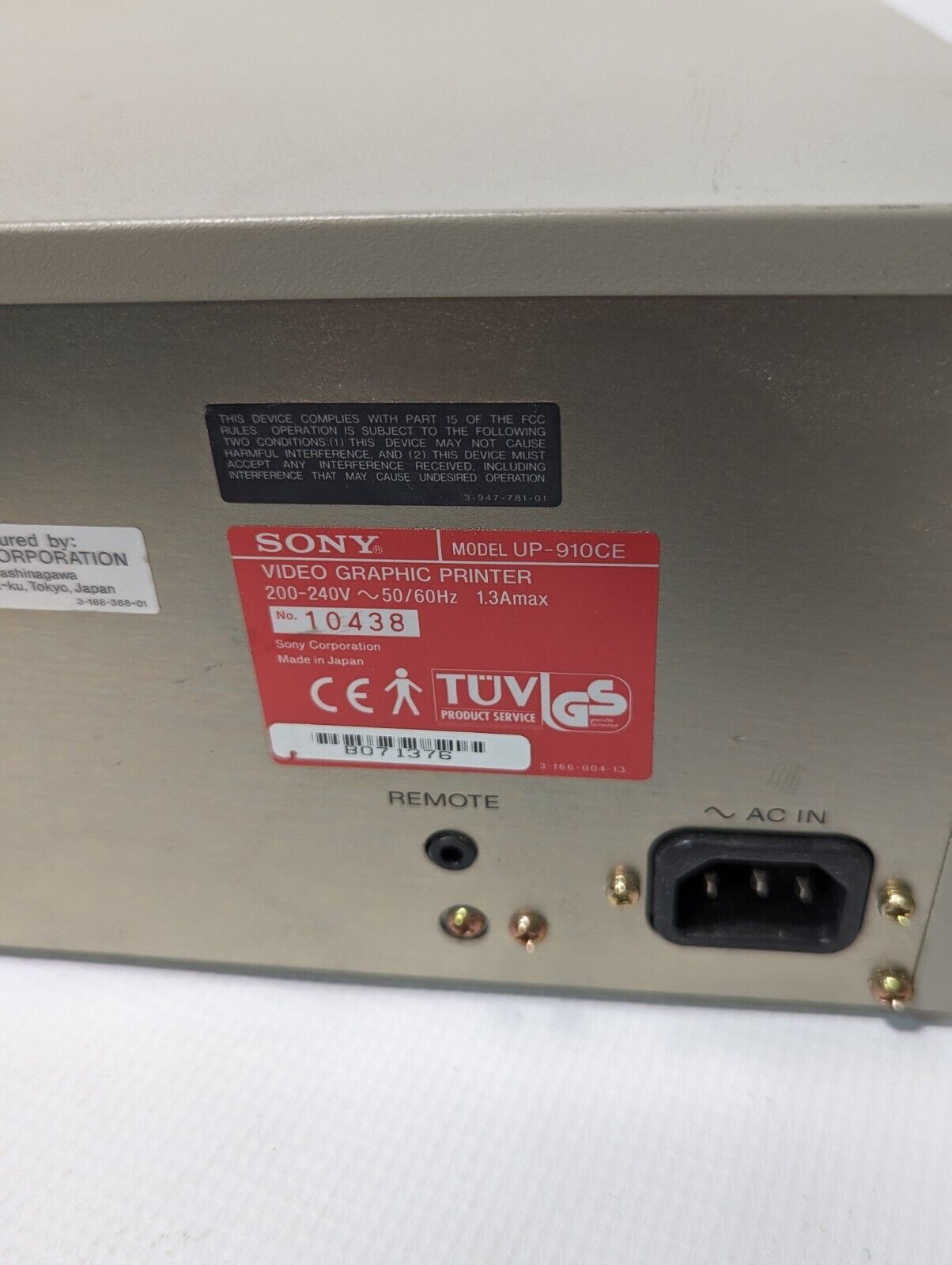 Sony UP-910CE Video Graphic Printer, 200-240vac, 1.3A Max, Series UP-910