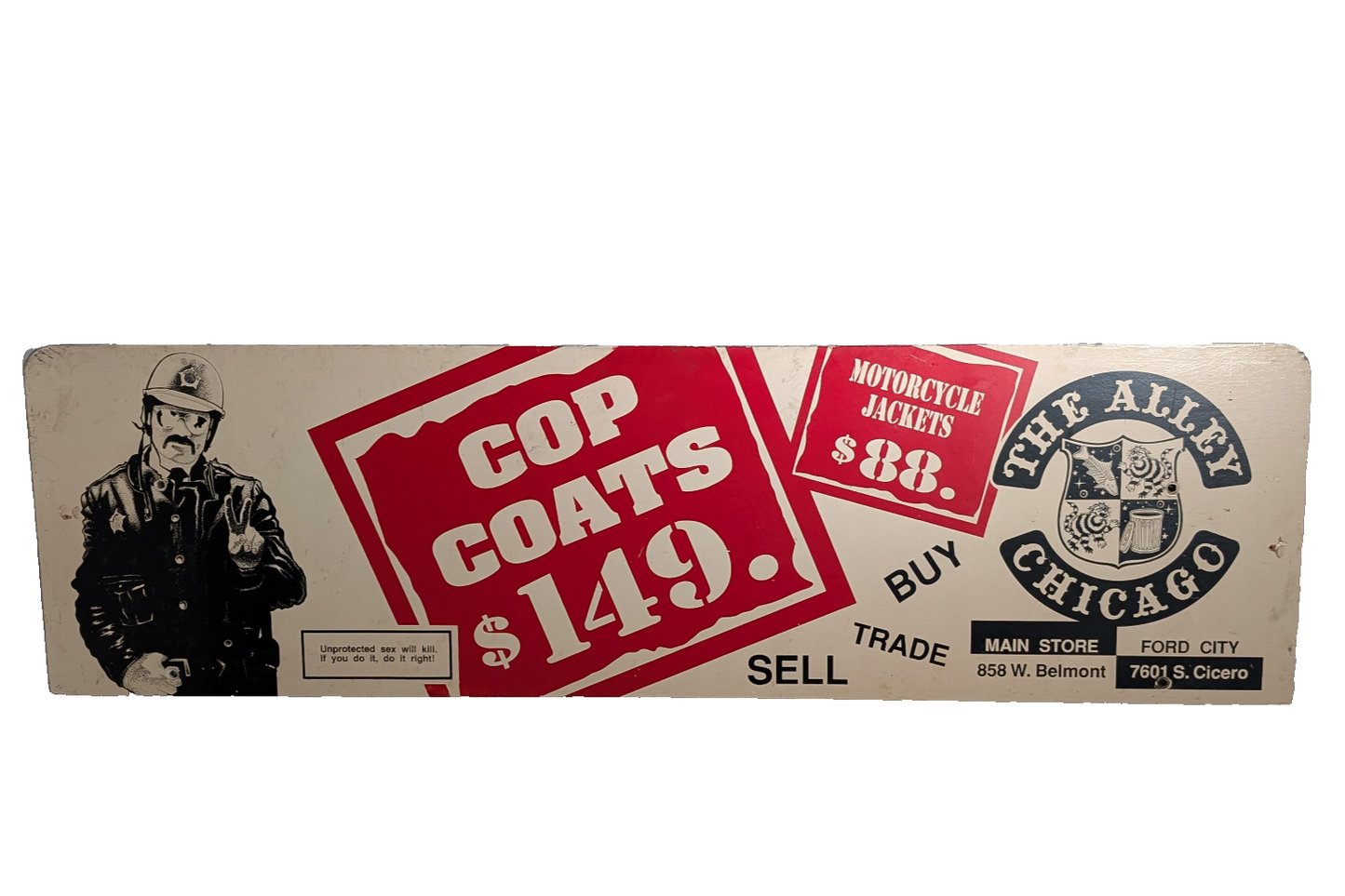 Vintage The Alley Chicago Memorabilia Bus Stop Bench Sign Cop Moto Punk Goth Ad