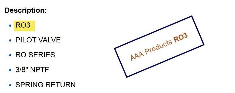AAA Products RO3 Air or Gas Operated Valve, 3/8" NPTF, Spring Return, 250psi Max