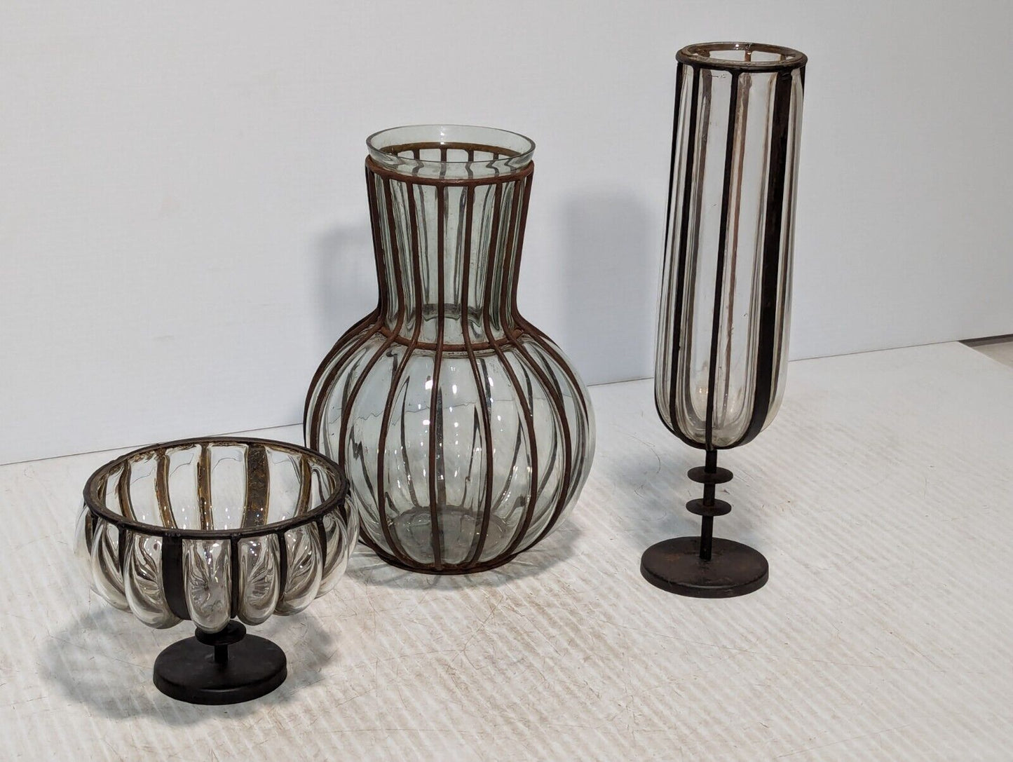 Set of 3 Rare Vintage Brutalist, Metal Caged Blown Glass Vases - Free Shipping