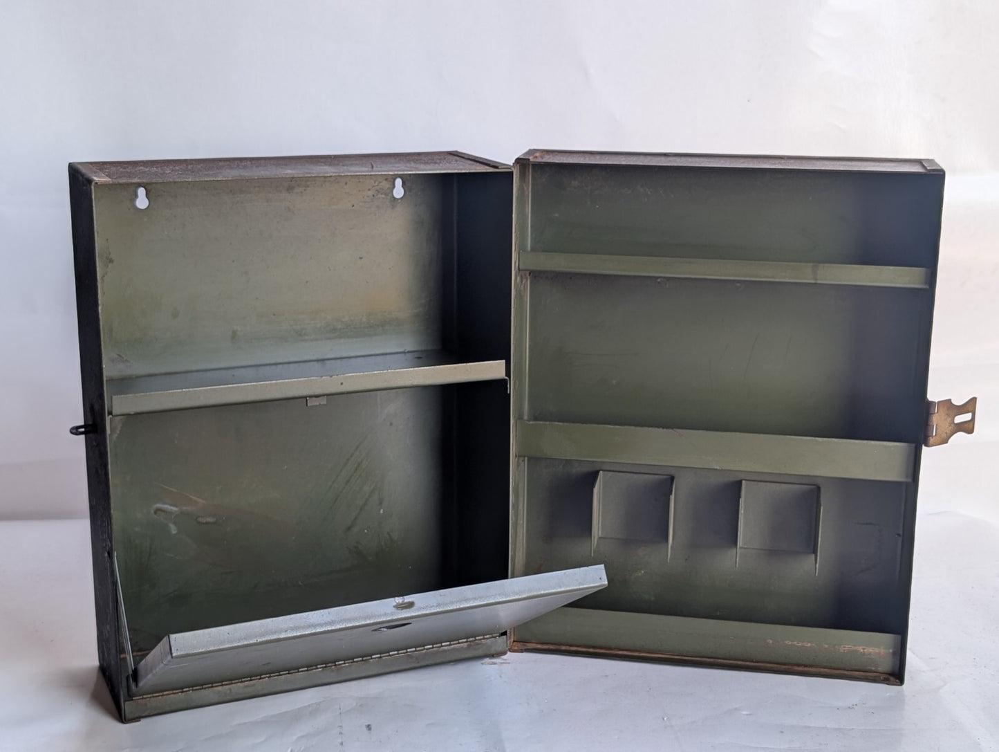 Vintage Metal Cabinet Storage Box with Flap Fold-out, Latch, Shelving