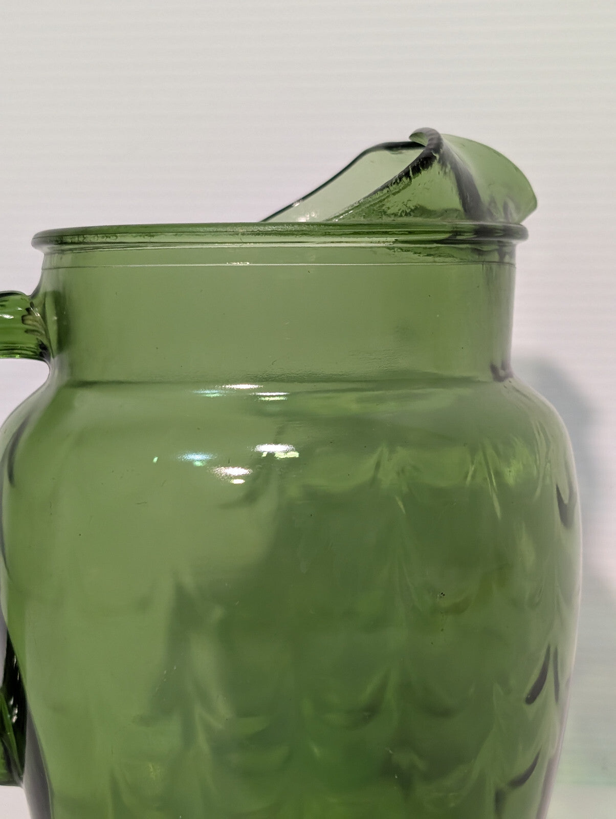 Vintage 1970s Olive Avocado Green Scale Textured Glass Water Pitcher 8" Tall