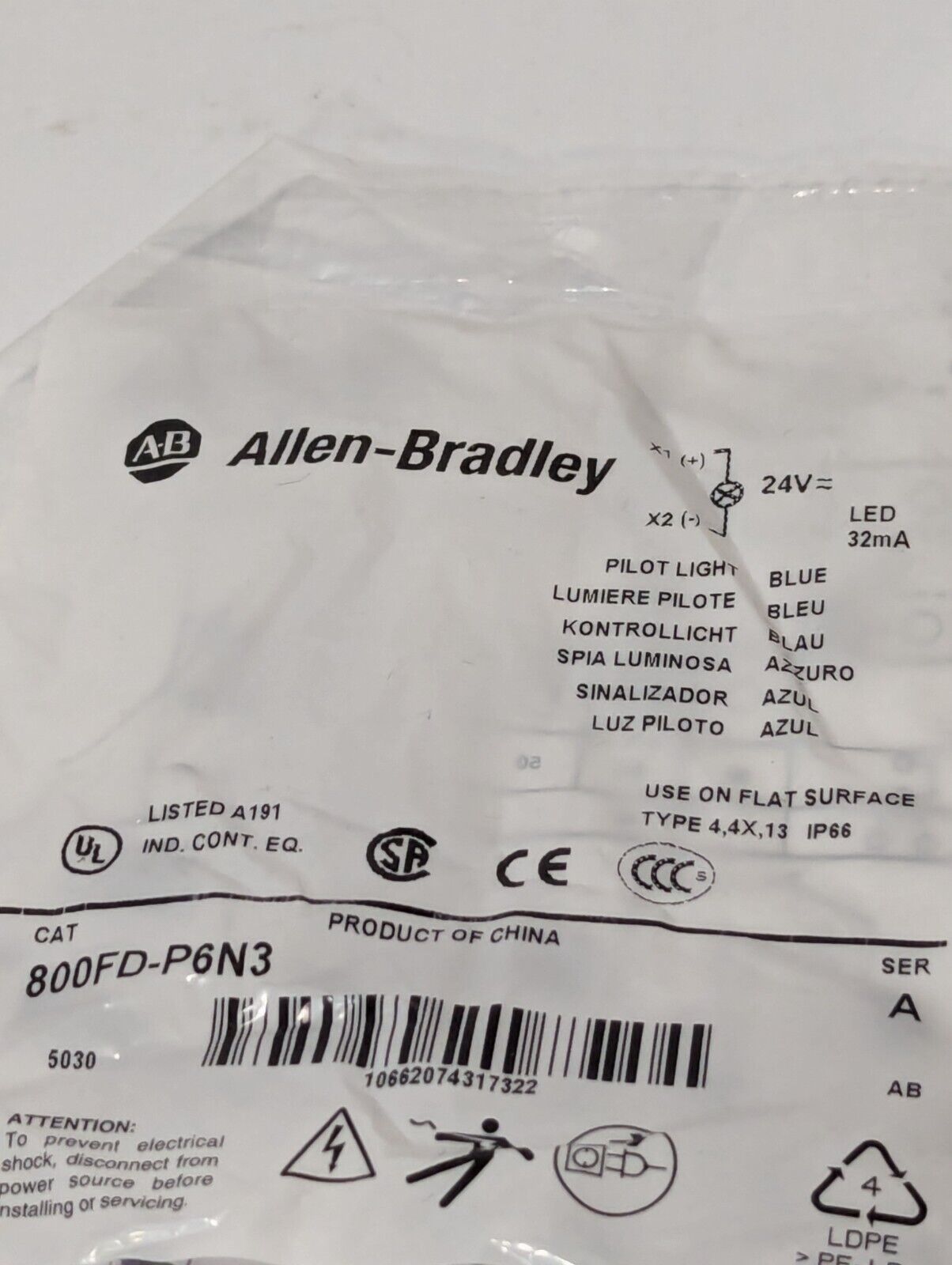 Allen Bradley 800FD-P6N3 Pilot Light Blue 24VDC - Free Shipping