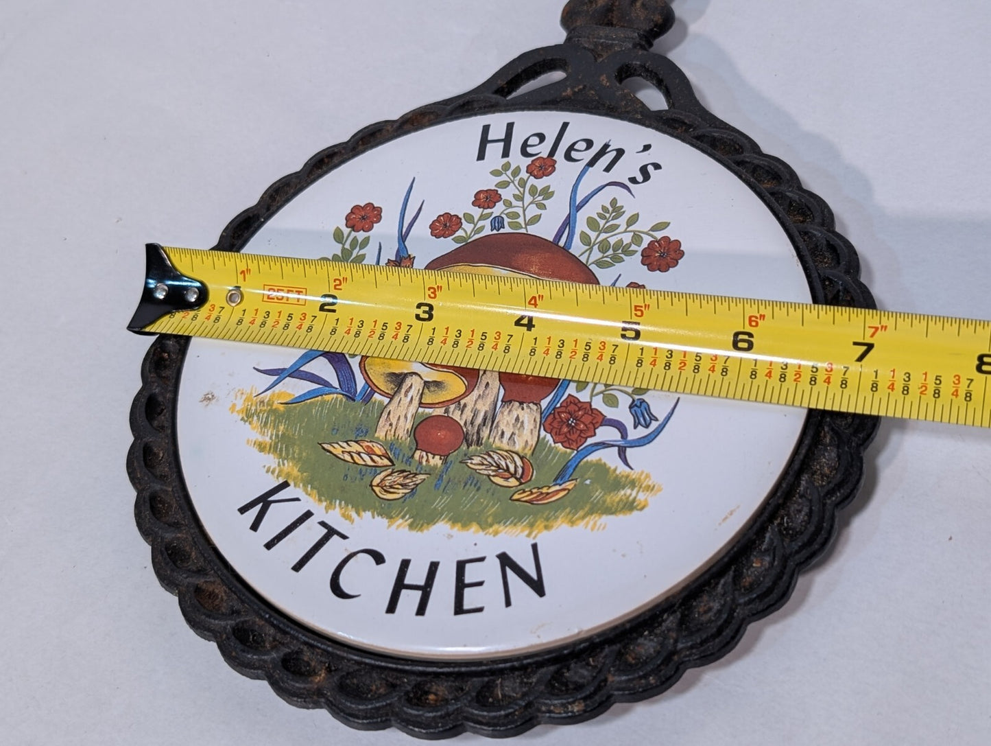 Vintage "Helen's Kitchen" Cast Iron Ceramic Tile Trivet 11" L x 7" W