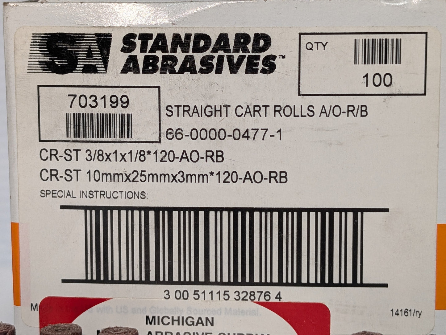 Standard Abrasives 703199 Straight Cart Rolls 3/8x1x1/8 120 AO-RB Grit, 100 Ct