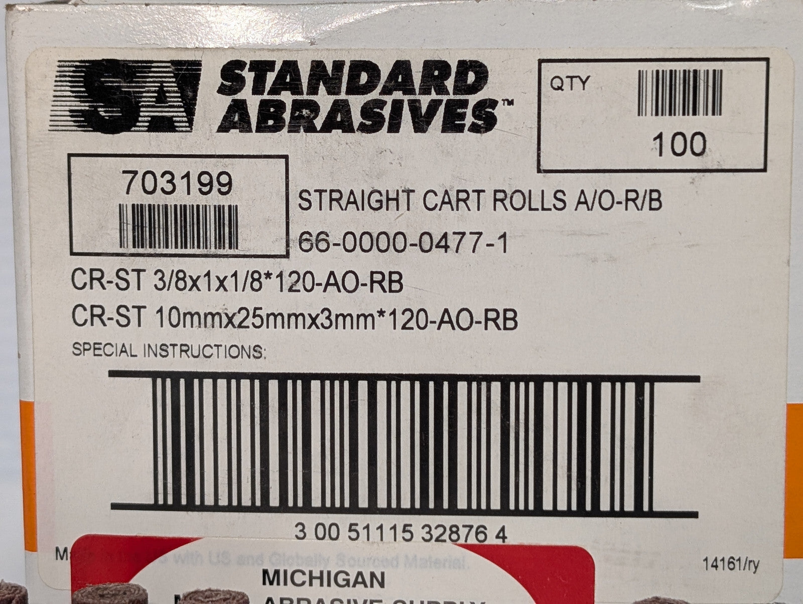 Standard Abrasives 703199 Straight Cart Rolls 3/8x1x1/8 120 AO-RB Grit, 100 Ct