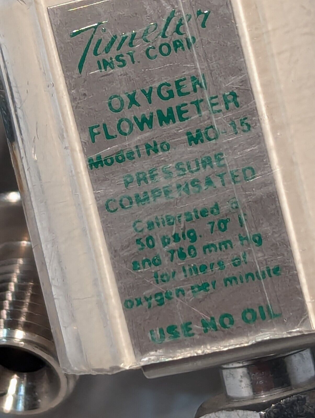 Timeter Instruments MO-15 Oxygen Flowmeter, Calibrated to 50psig and 760mm HG