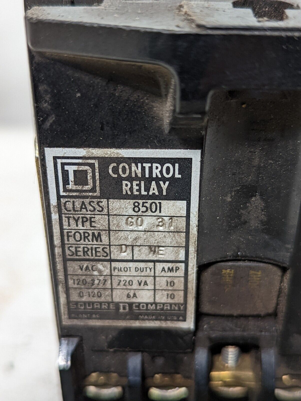 Square D 8501GO31 control relay, 110/120VAC coil, 8501G031