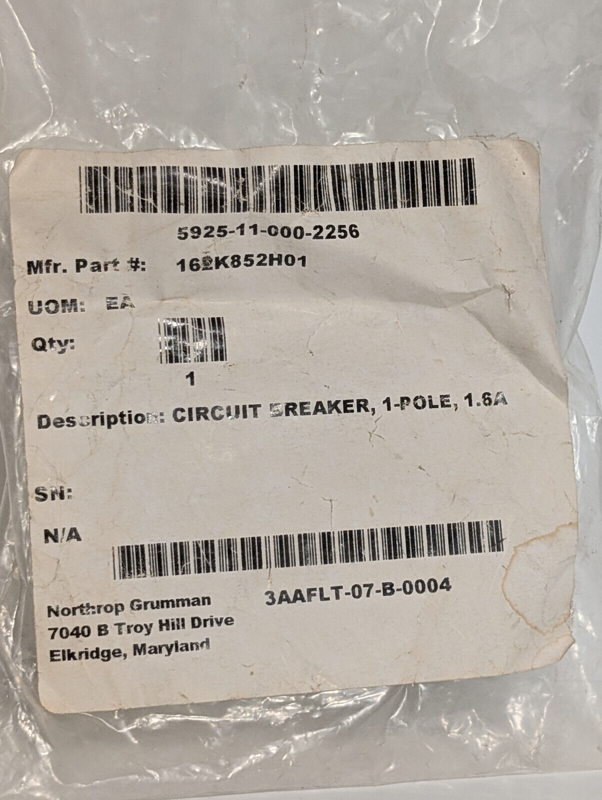 ABB S201U-K1,6 Circuit Breaker, 162K852H01, 1-Pole, 240 VAC, 50/60Hz, E212323